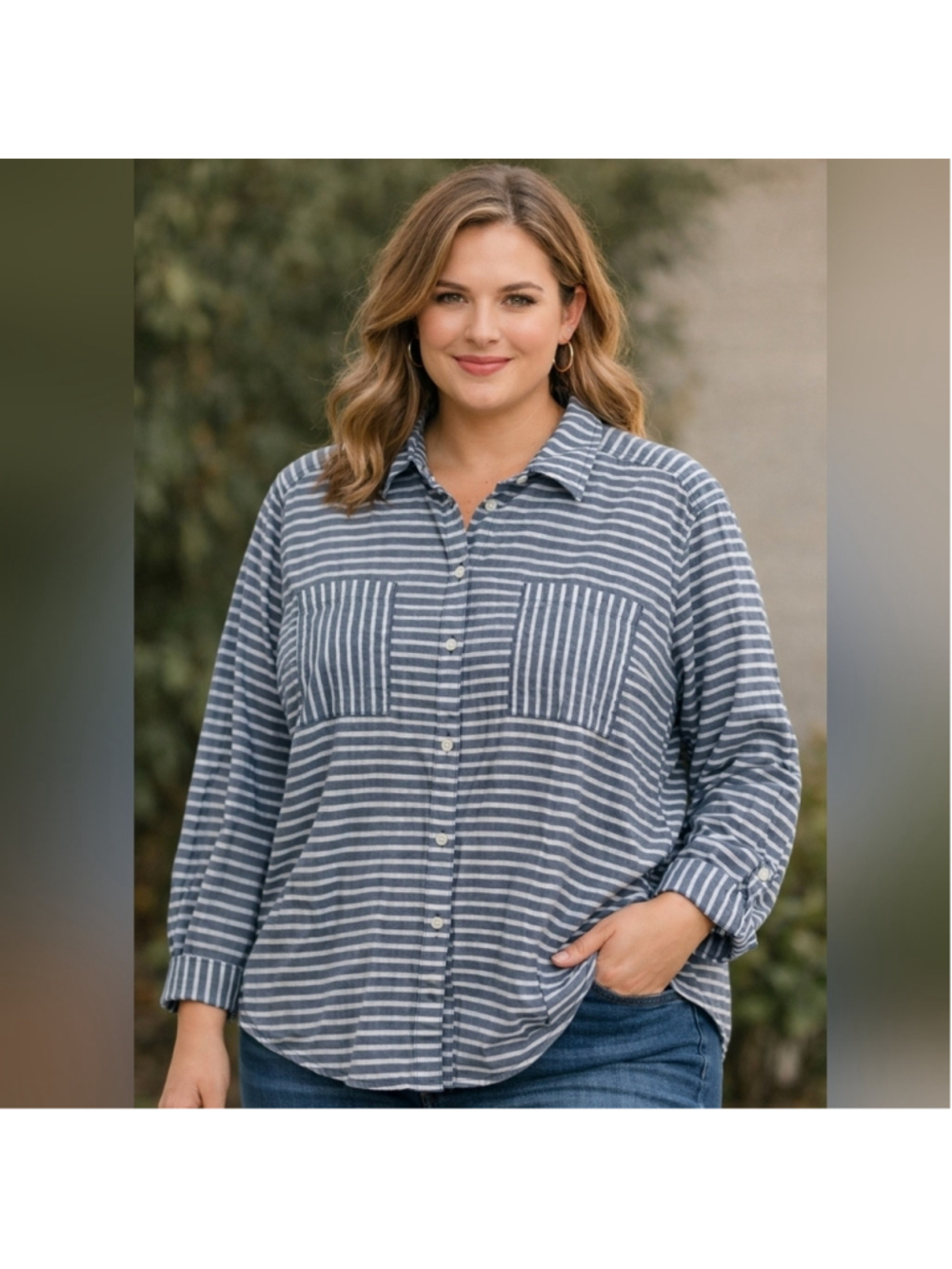Gray & White Striped Button-Down Shirt | Women’s Size XL
